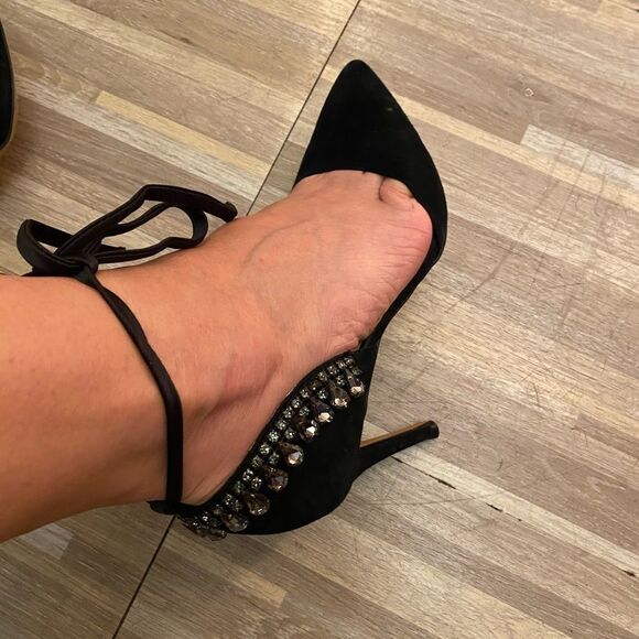 French Connection black suede heels with crystal embellishments, size 6 - Picture 10 of 13